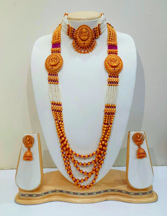 Yakshami Temple jewellery jewelry set- golden beaded necklace, choker and jhumka for women and girls