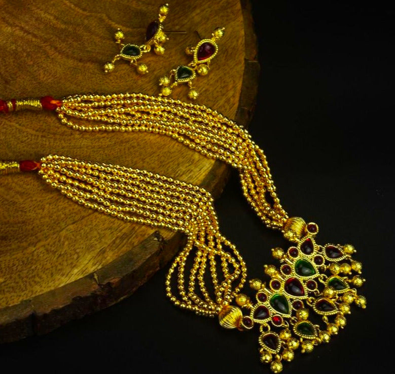 Yakshami Layered Golden high polish beaded Mala Neckalce with Drop Earrings for women and girls