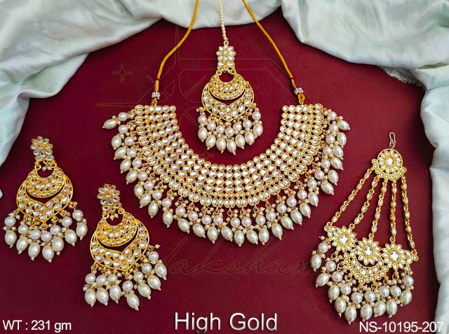 Yakshami Beautiful Antique Stones Clustered Pearl High Gold Polish Dulhan Choker Necklace Set for women and girls