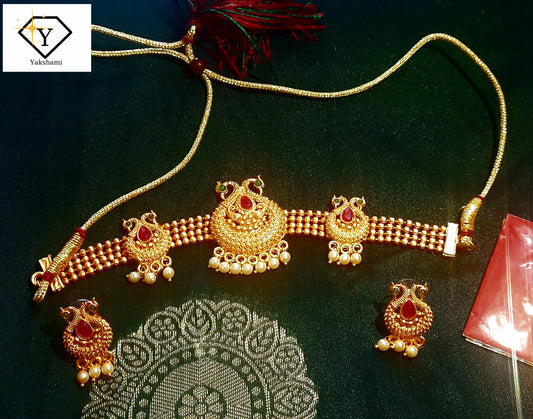 Yakshami golden beaded choker with stud earrings for women and girls