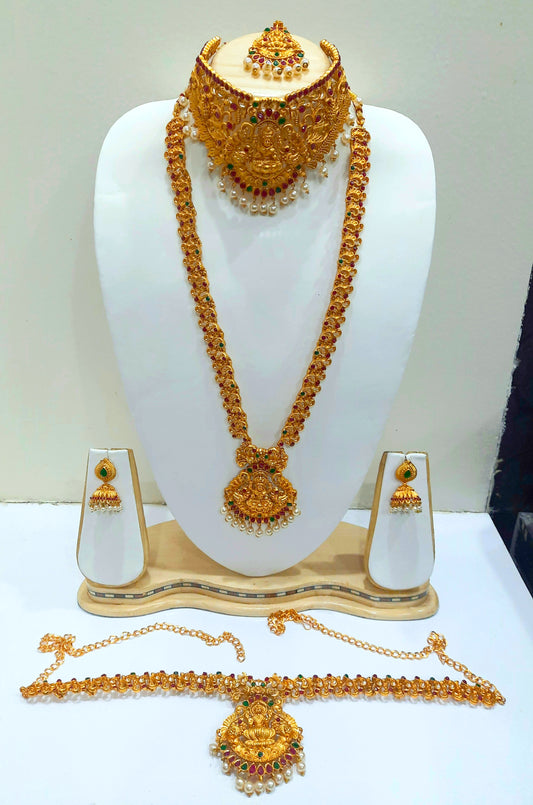 Yakshami Temple jewellery jewelry set-Goddess Lakshmi motiff golden necklace, choker, kamarbandh and jhumka for women and girls