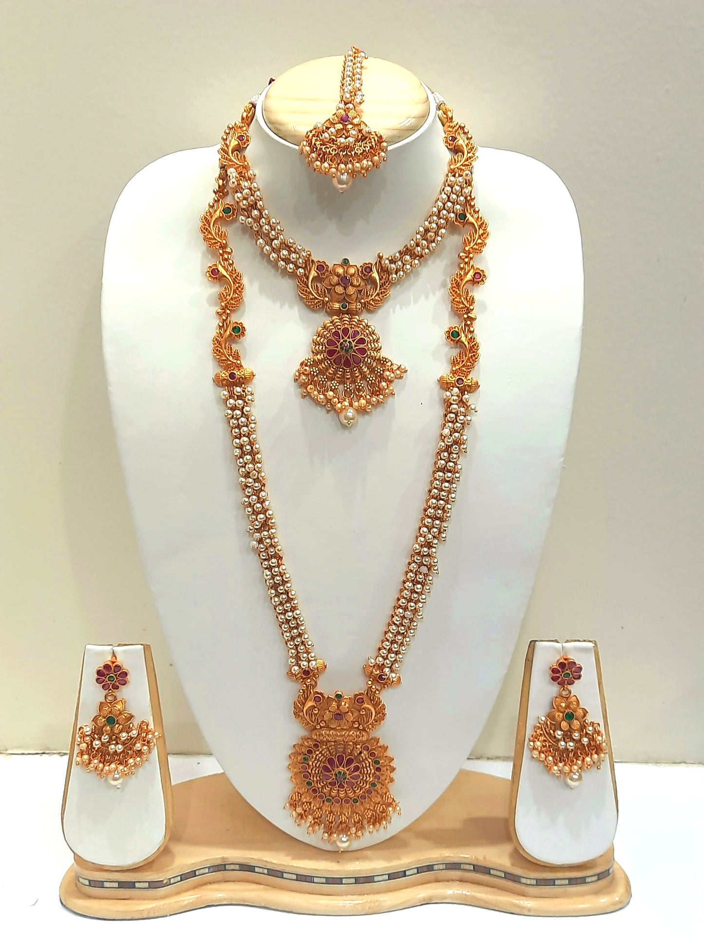 Yakshami Necklace set- golden and white moti necklace, choker, maang tikka and drop earrings for women and girls