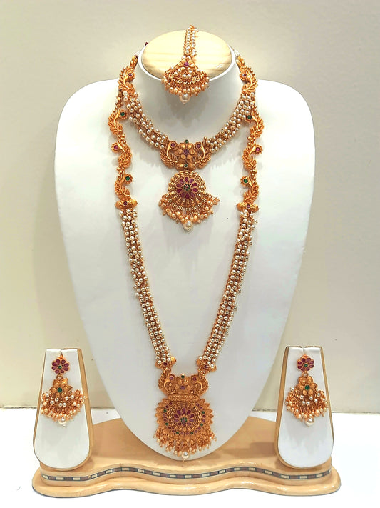 Yakshami Necklace set- golden and white moti necklace, choker, maang tikka and drop earrings for women and girls