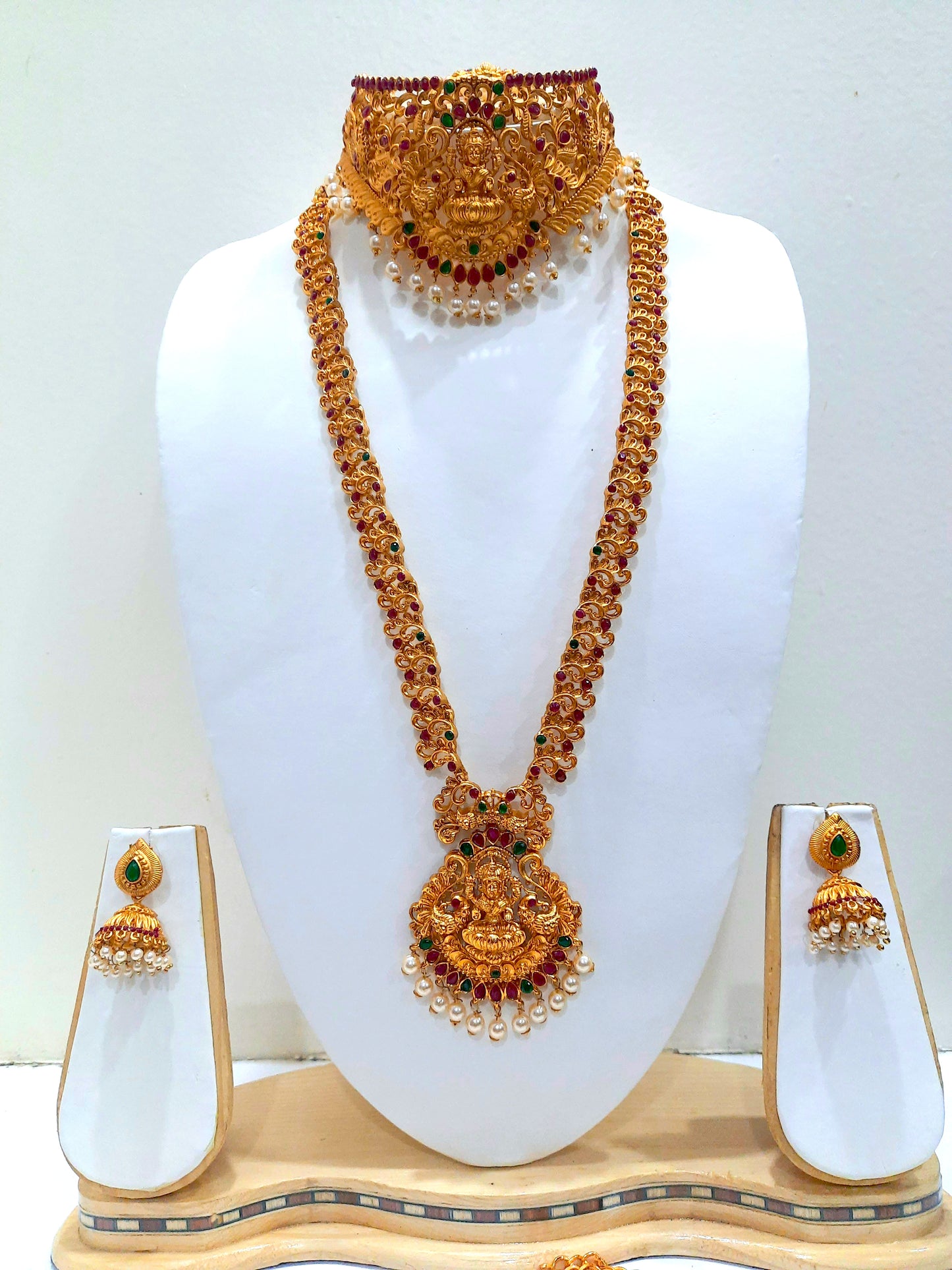 Yakshami Temple jewellery jewelry set-Goddess Lakshmi motiff golden necklace, choker and jhumka for women and girls