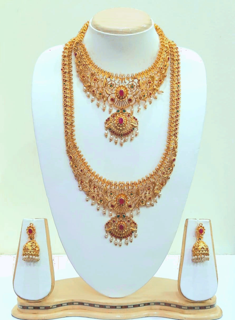Yakshami jewellery jewelry set-golden necklace, choker and jhumka with purple stones for women and girls