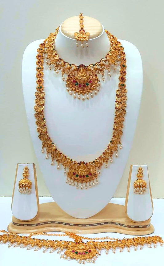 Yakshami Temple jewellery jewelry set-Goddess Lakshmi motiff golden necklace, choker, kamarbandh, maang tikka and jhumka for women and girls