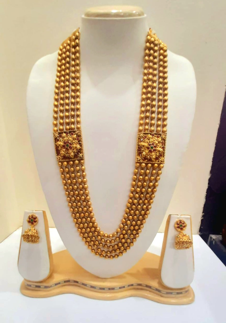 Yakshami Layer Golden high polish beaded Mala Neckalce with Jhumka for women and girls