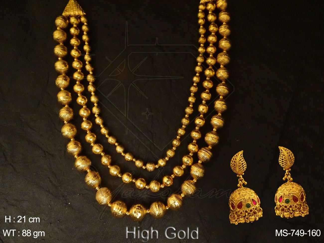 Yakshami Layer Golden high polish beaded Mala Neckalce with Jhumka