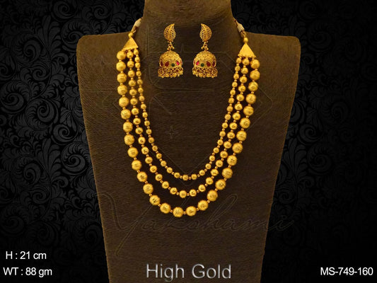 Yakshami Layer Golden high polish beaded Mala Neckalce with Jhumka