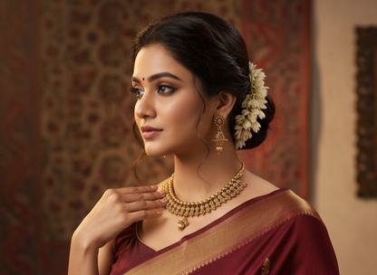 An antique gold-colored necklace with intricate designs and patterns, displayed on a mannequin against a red background. Matching earrings are also visible.