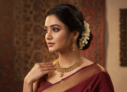 An antique gold-colored necklace with intricate designs and patterns, displayed on a mannequin against a red background. Matching earrings are also visible.