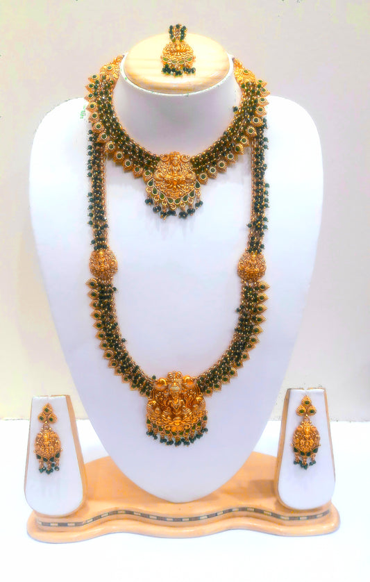 Yakshami Temple jewellery jewelry set-Goddess Lakshmi motiff golden necklace, choker and jhumka with green moti for women and girls