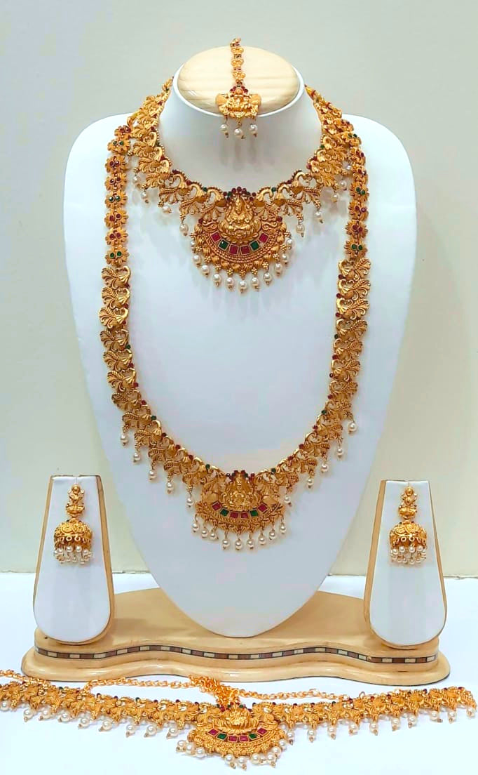 Yakshami Temple jewellery jewelry set-Goddess Lakshmi motiff golden necklace, choker, kamarbandh, maang tikka and jhumka for women and girls