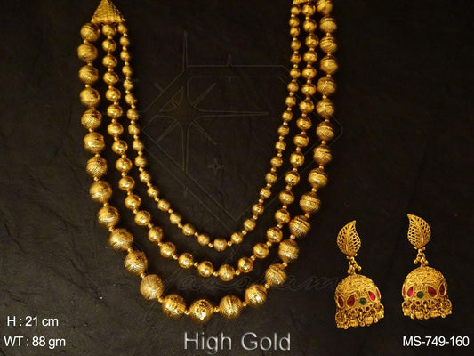 Yakshami Layer Golden high polish beaded Mala Neckalce with Jhumka